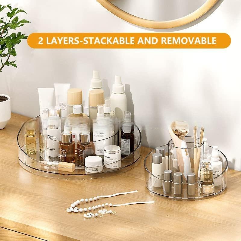 360 Rotating Clear Makeup Organizer with 6 Compartment Tray Modern Design Cosmetic Storage Holder for Brushes and Lip Glosses