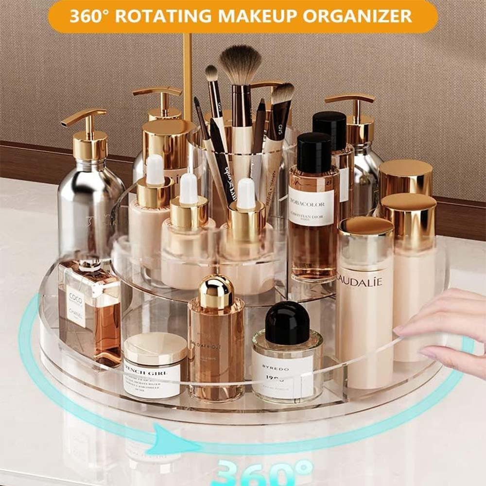 360 Rotating Clear Makeup Organizer with 6 Compartment Tray Modern Design Cosmetic Storage Holder for Brushes and Lip Glosses