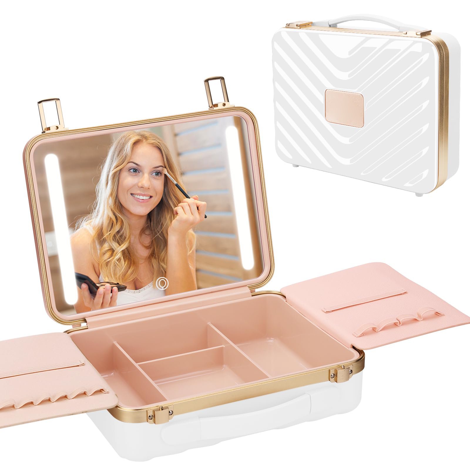 Pink Portable 3 Color Setting Lighted Mirror Travel Makeup Train Cases Makeup Storage Box Makeup Bag Cosmetic Case Organize