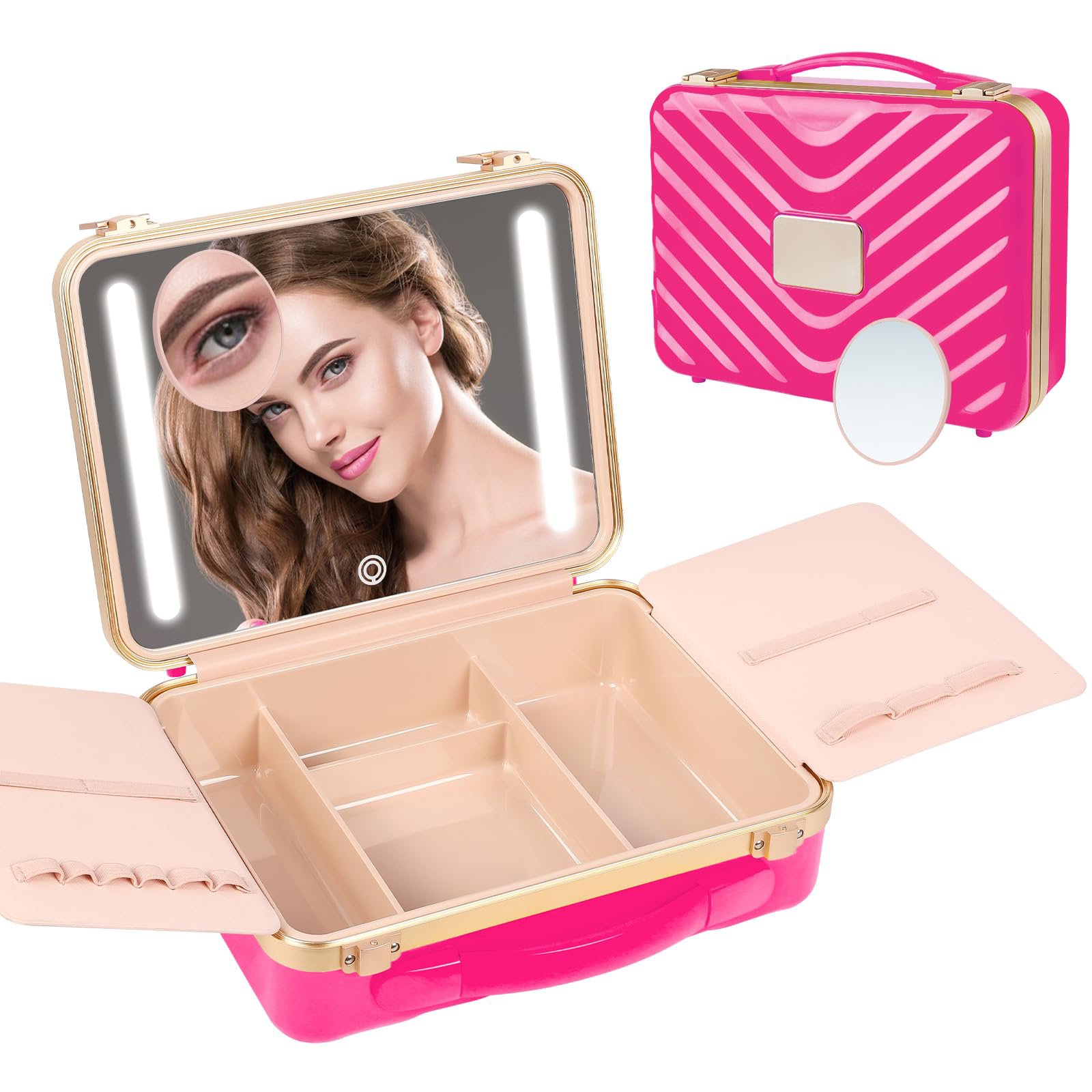Pink Portable 3 Color Setting Lighted Mirror Travel Makeup Train Cases Makeup Storage Box Makeup Bag Cosmetic Case Organize