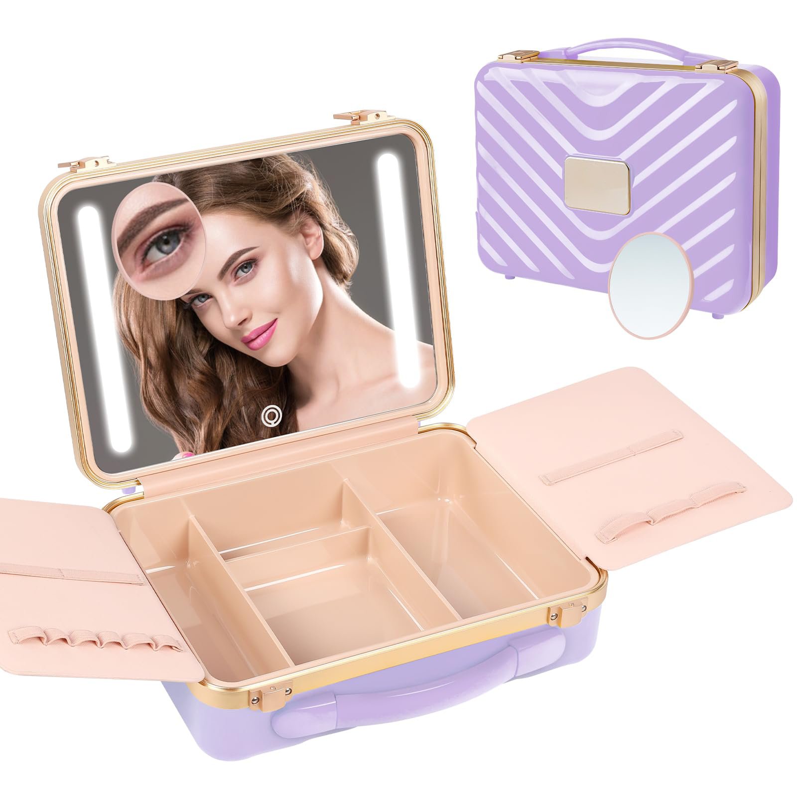 Pink Portable 3 Color Setting Lighted Mirror Travel Makeup Train Cases Makeup Storage Box Makeup Bag Cosmetic Case Organize