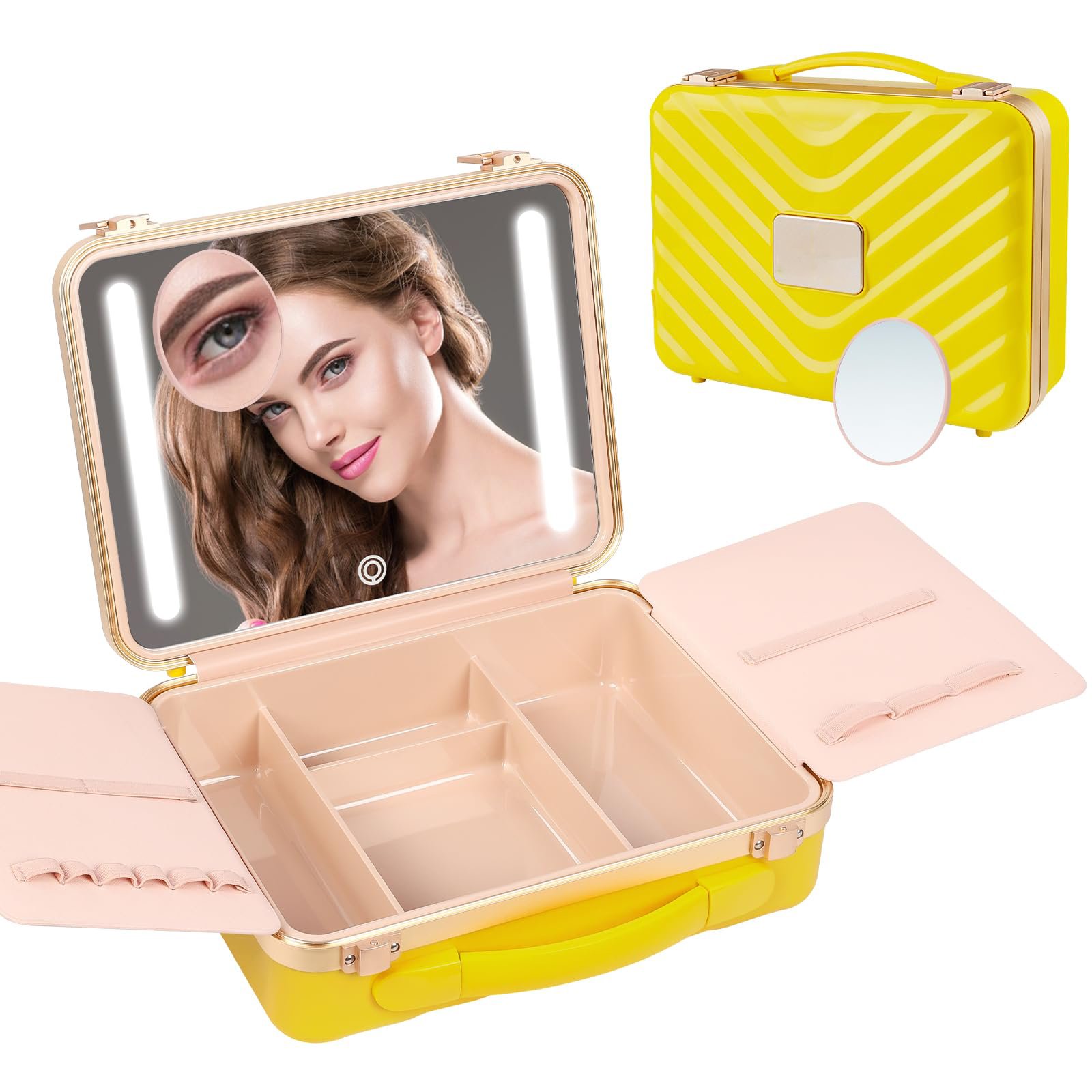 Pink Portable 3 Color Setting Lighted Mirror Travel Makeup Train Cases Makeup Storage Box Makeup Bag Cosmetic Case Organize