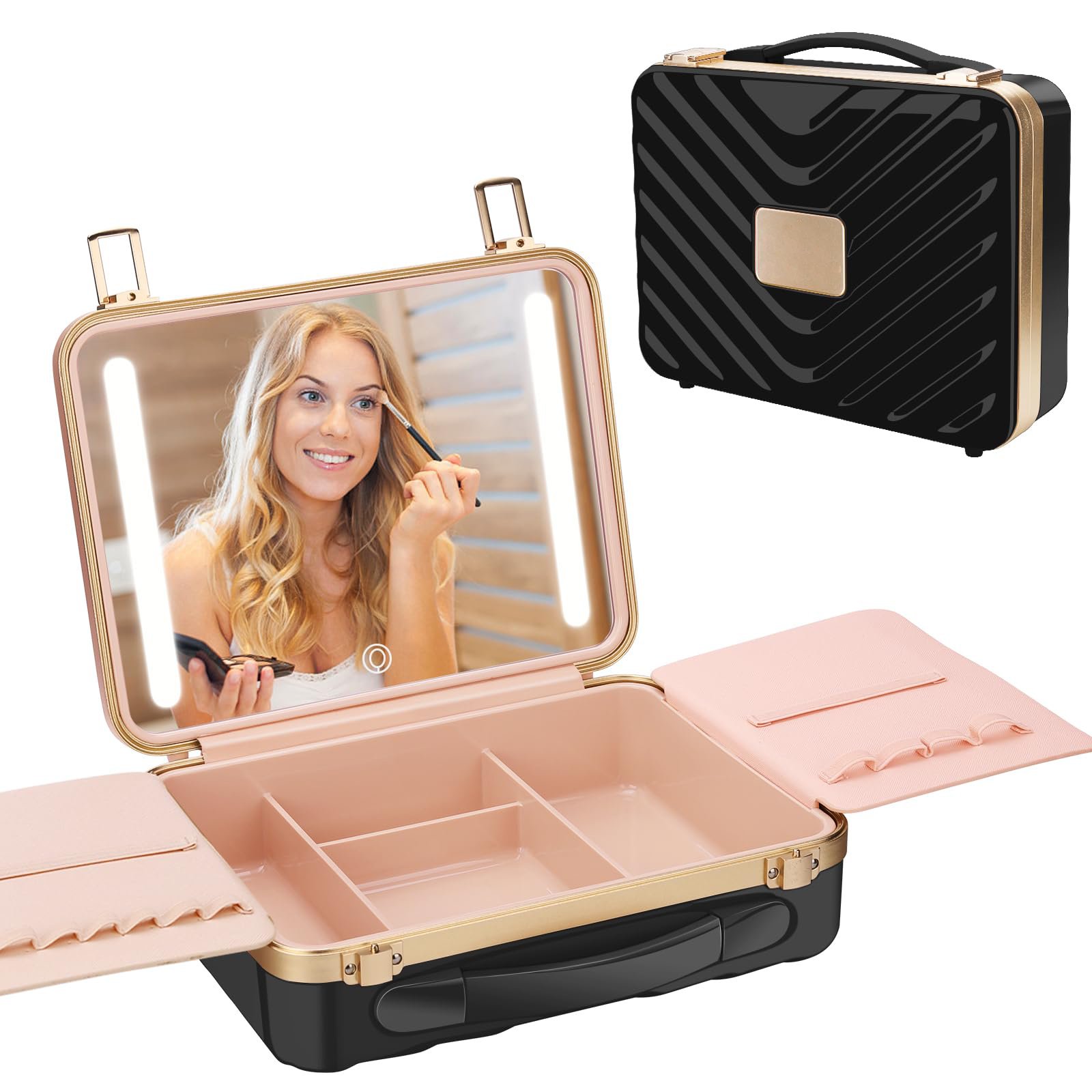 Pink Portable 3 Color Setting Lighted Mirror Travel Makeup Train Cases Makeup Storage Box Makeup Bag Cosmetic Case Organize