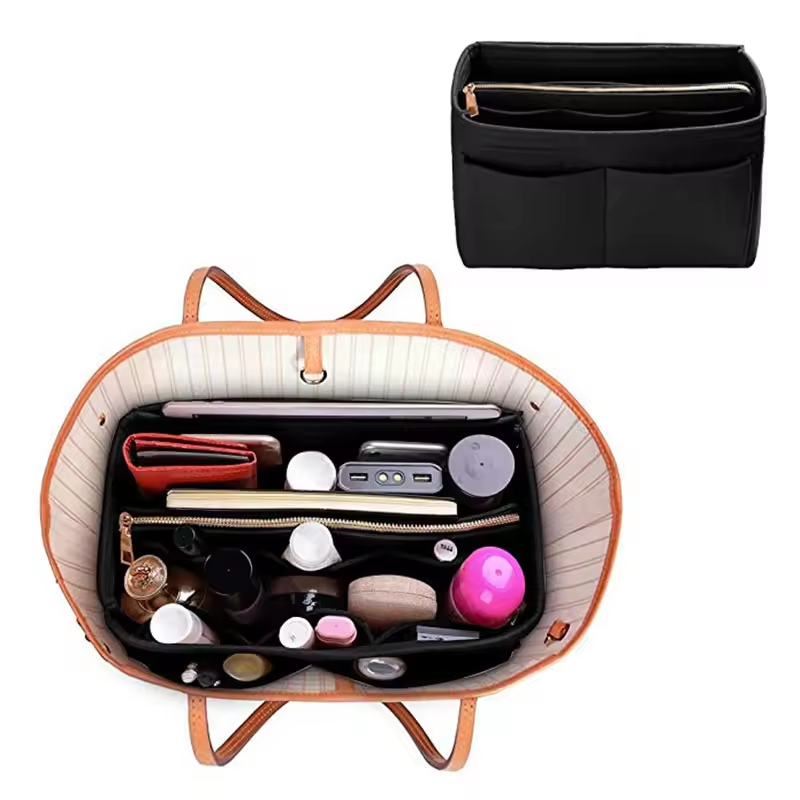 Large opening multi-pocket style feel open zipper bag feel makeup organizer bag storage bag