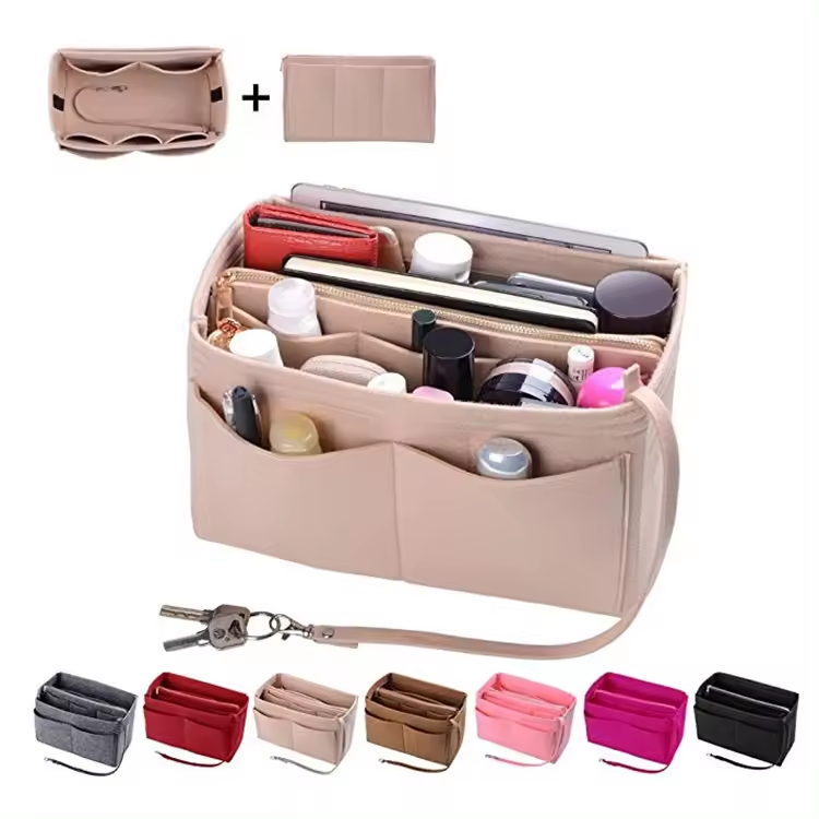 Large opening multi-pocket style feel open zipper bag feel makeup organizer bag storage bag