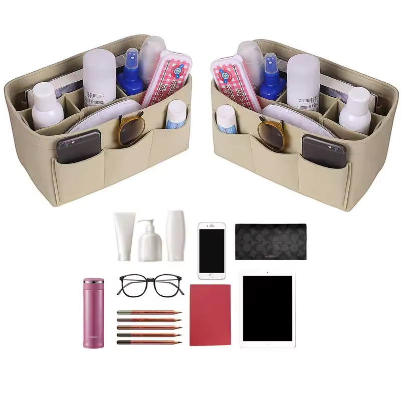 Large opening multi-pocket style feel open zipper bag feel makeup organizer bag storage bag