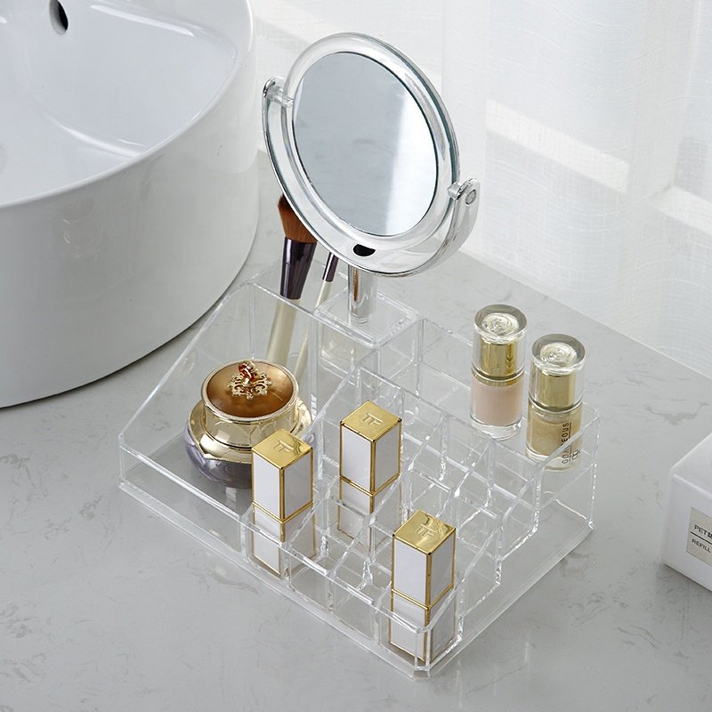 Elegant plastic cosmetic drawer storage organizer dresser bathroom clear PS makeup organizer with mirror