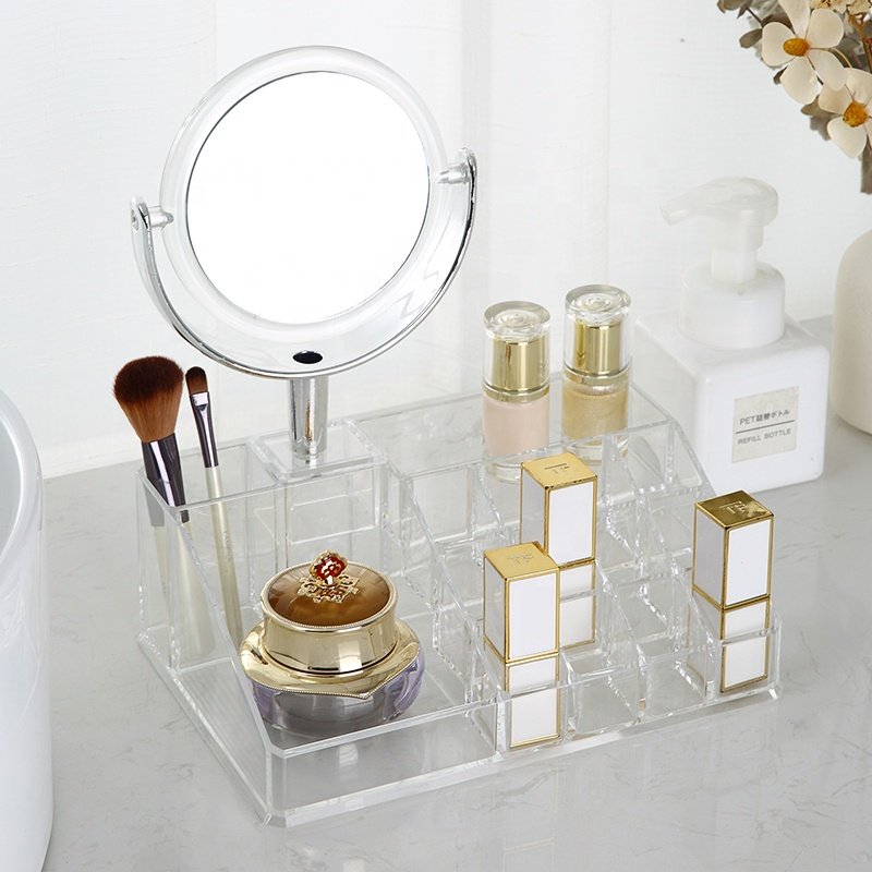 Elegant plastic cosmetic drawer storage organizer dresser bathroom clear PS makeup organizer with mirror