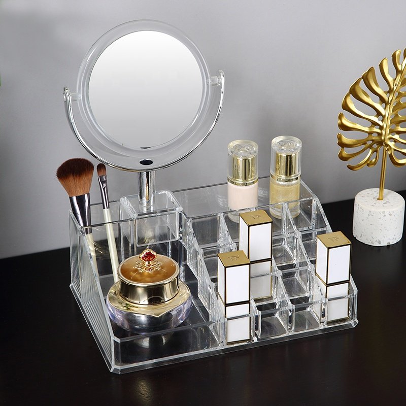 Elegant plastic cosmetic drawer storage organizer dresser bathroom clear PS makeup organizer with mirror