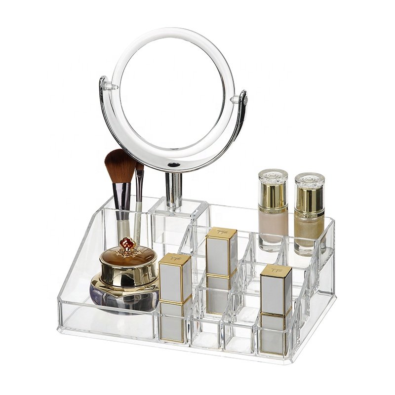 Elegant plastic cosmetic drawer storage organizer dresser bathroom clear PS makeup organizer with mirror