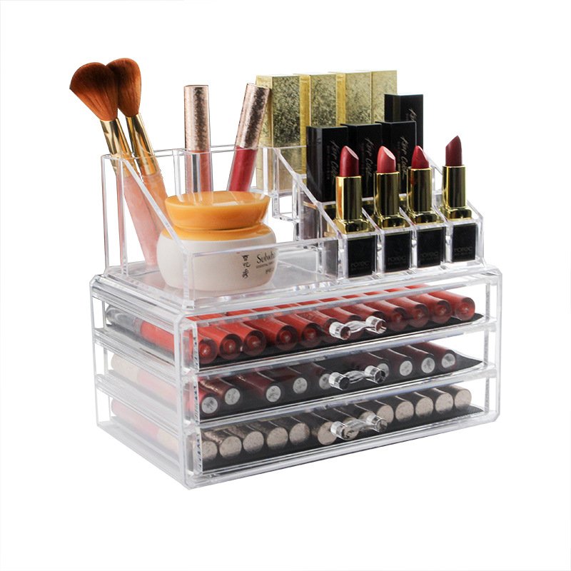 Transparent Acrylic 3-Layer Makeup Storage Box with Desktop Display for Top Makeup Skin Care Cosmetics and Magnetic Card Use