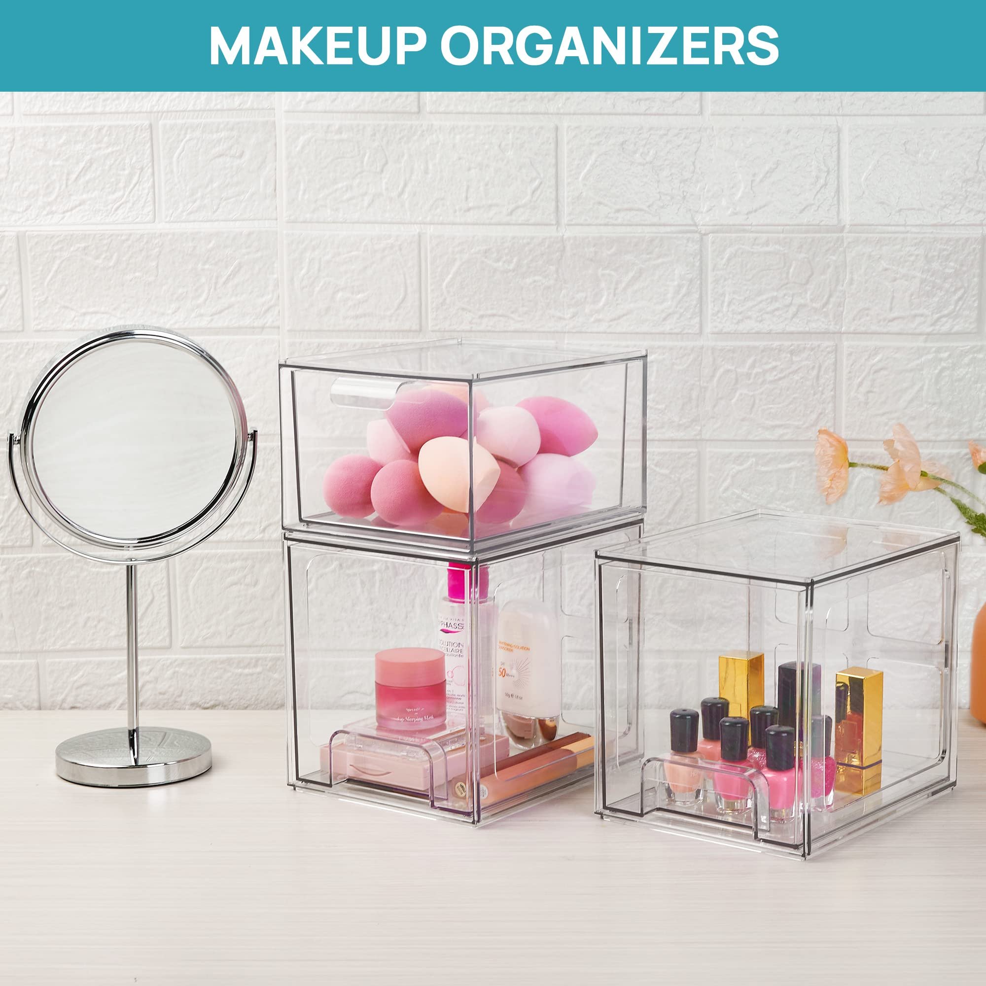 Stackable Cosmetic Display Case Bathroom Under Cabinet Organizers Acrylic 2-Pack Clear Makeup Drawer Organizer for Vanity