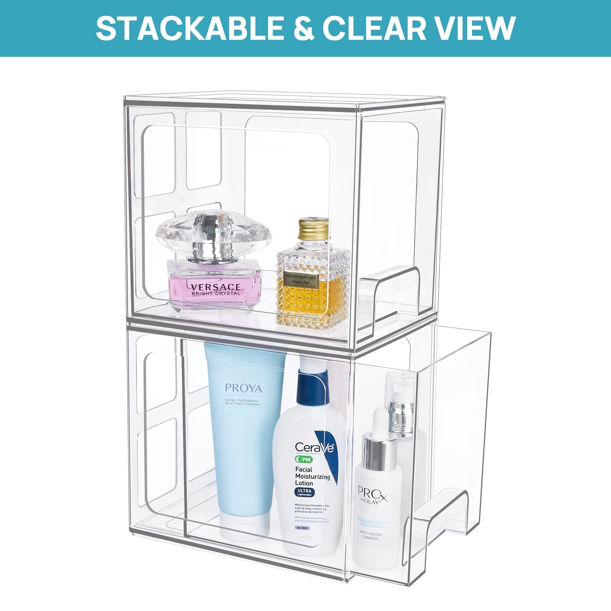Stackable Cosmetic Display Case Bathroom Under Cabinet Organizers Acrylic 2-Pack Clear Makeup Drawer Organizer for Vanity