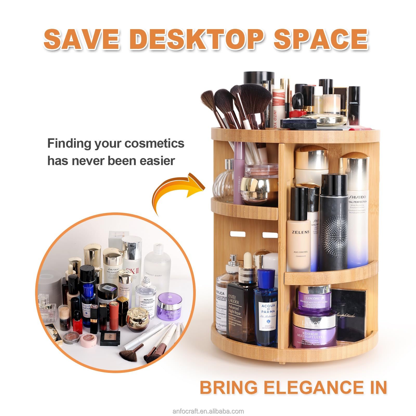 360 Degree Rotating Wooden Makeup Organizer Adjustable Spinning Makeup Holder Rack Large Capacity Storage Home Kitchen Bathroom