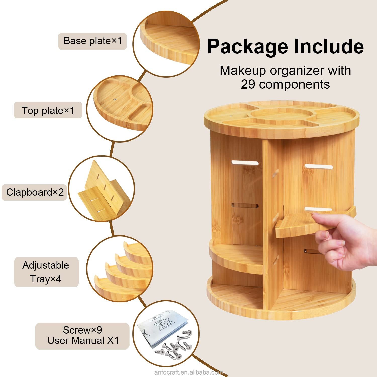 360 Degree Rotating Wooden Makeup Organizer Adjustable Spinning Makeup Holder Rack Large Capacity Storage Home Kitchen Bathroom