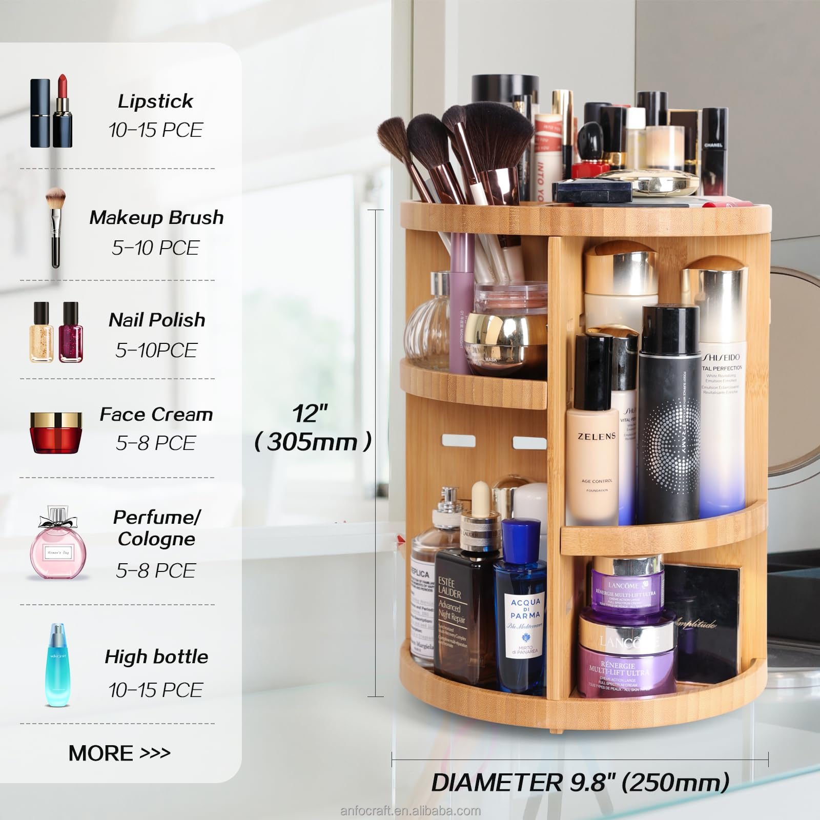 360 Degree Rotating Wooden Makeup Organizer Adjustable Spinning Makeup Holder Rack Large Capacity Storage Home Kitchen Bathroom