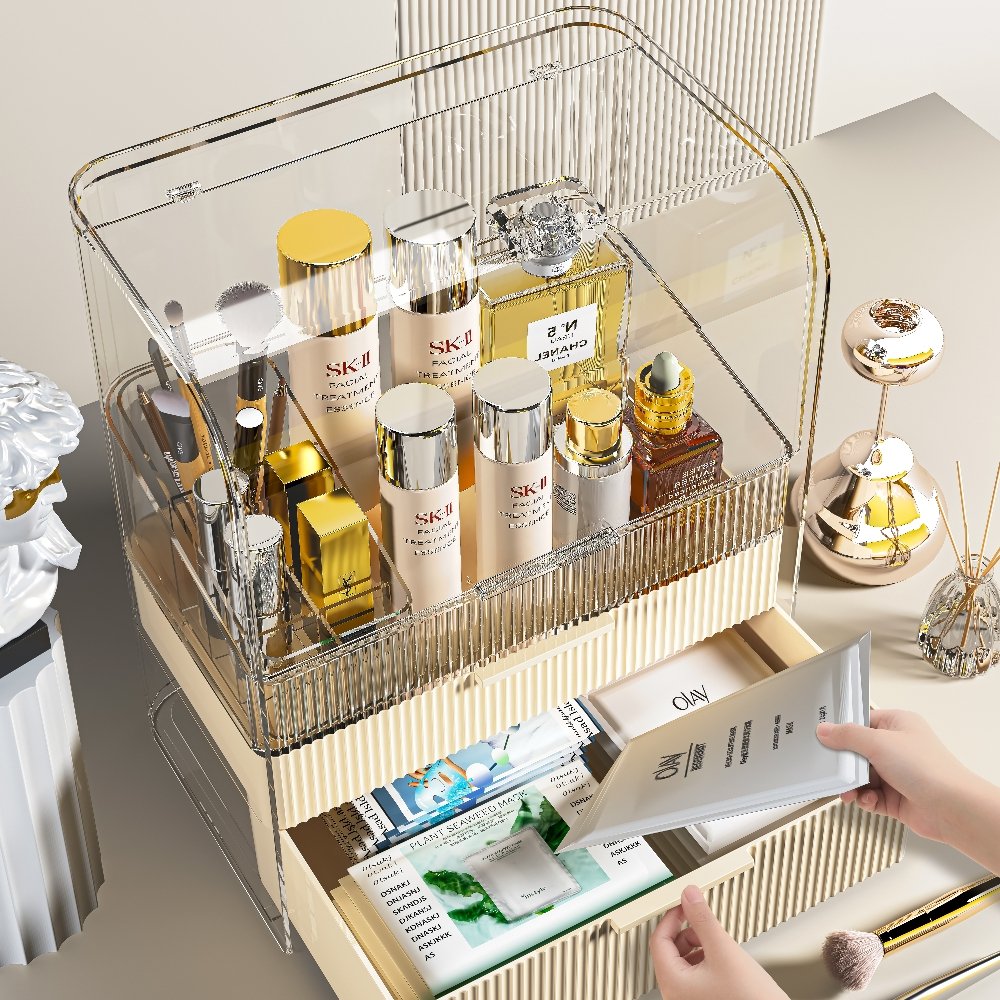 High Transparency Dustproof largeCosmetics Storage Case Makeup Storage Box Desk Organizers with Drawers
