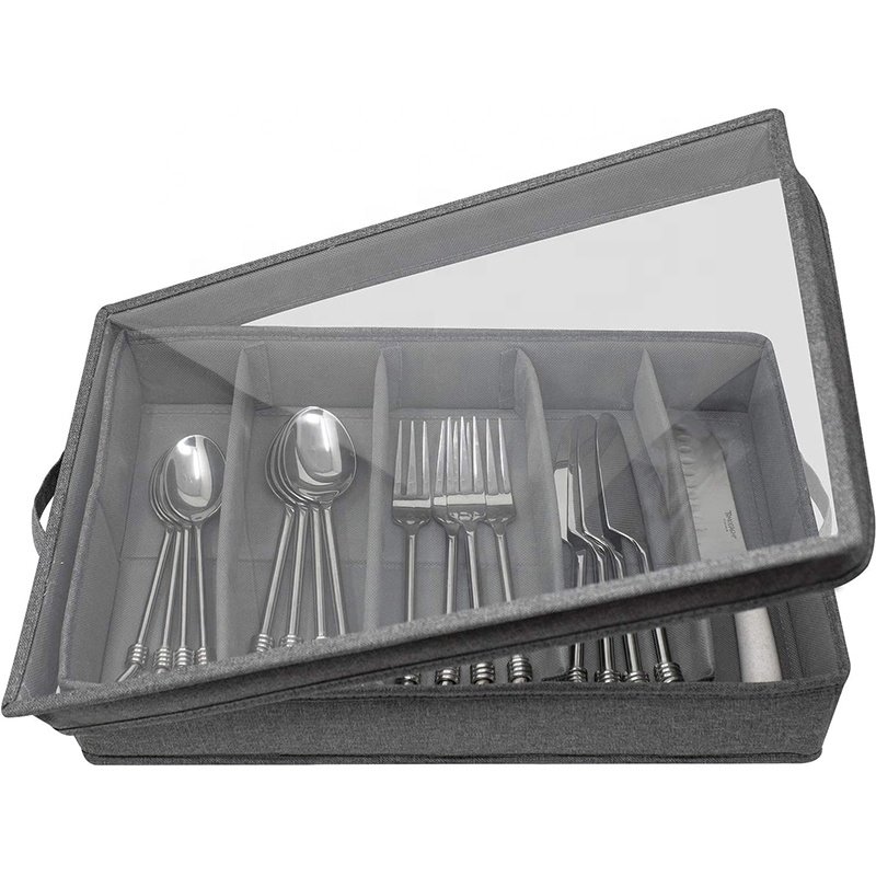 Flatware Storage Chest with Clear Lid, Collapsible Fabric Container Box for Organizing Utensils, Silverware, Flatware,Gray