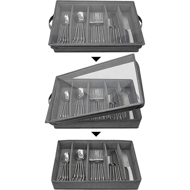 Flatware Storage Chest with Clear Lid, Collapsible Fabric Container Box for Organizing Utensils, Silverware, Flatware,Gray