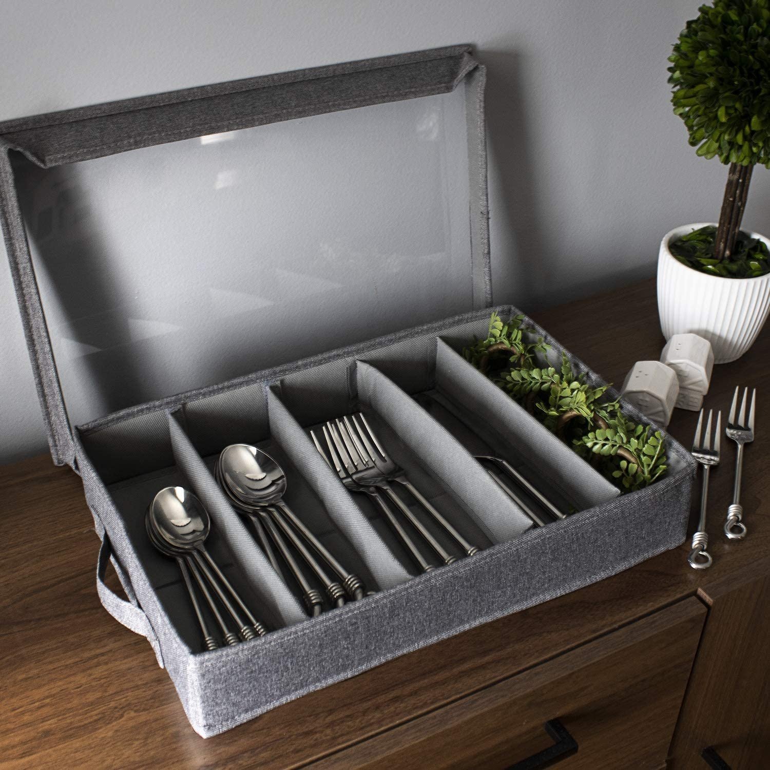 Flatware Storage Chest with Clear Lid, Collapsible Fabric Container Box for Organizing Utensils, Silverware, Flatware,Gray