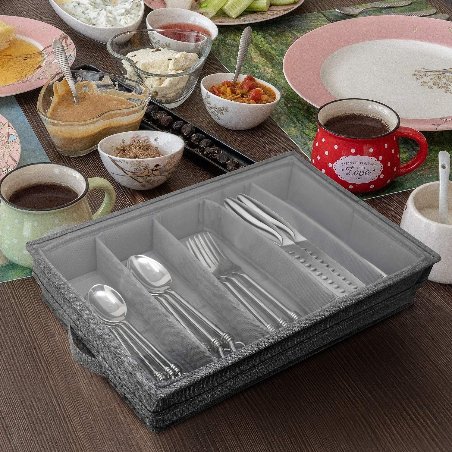 Flatware Storage Chest with Clear Lid, Collapsible Fabric Container Box for Organizing Utensils, Silverware, Flatware,Gray