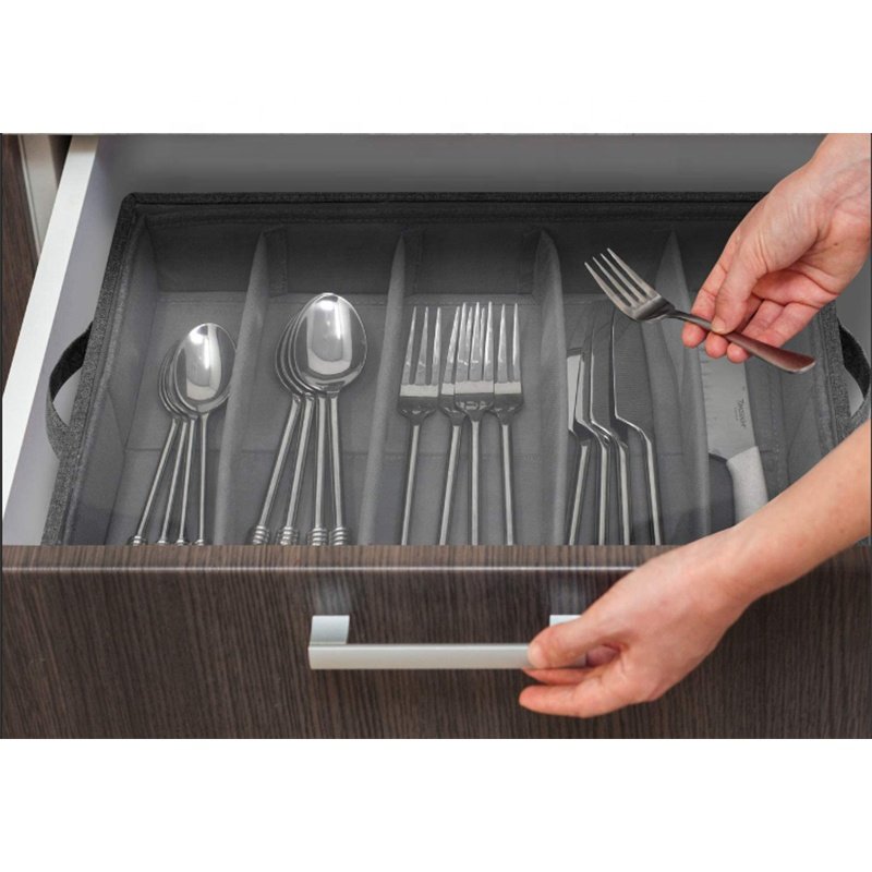 Flatware Storage Chest with Clear Lid, Collapsible Fabric Container Box for Organizing Utensils, Silverware, Flatware,Gray