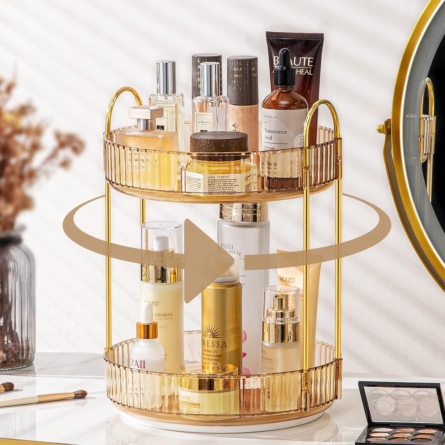 Gold 2-tier Large Capacity Bathroom Countertop Sink Spinning Perfume Organizer