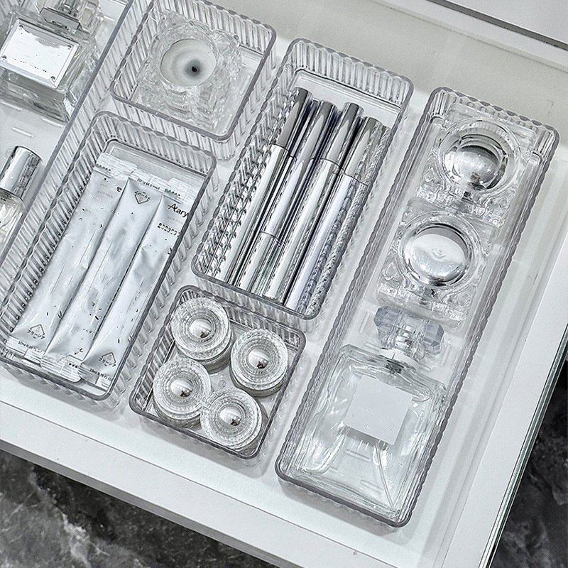 OWNSWING Clear Drawer Organizers Bins 4 Size Stackable Makeup And Vanity Organizer Acrylic Storage Containers For Cosmetic