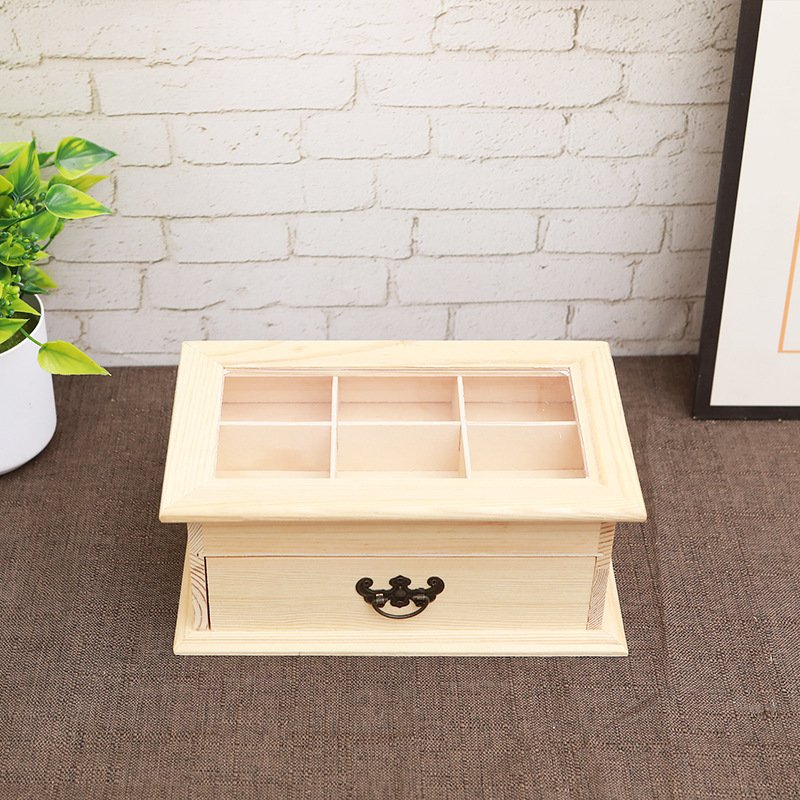 Wooden clamshell cosmetic storage box Double-layer multi-cell bracelet ring storage box Transparent glass cover empty wooden box