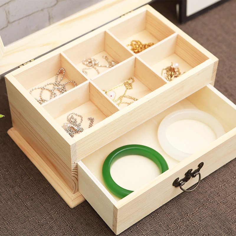 Wooden clamshell cosmetic storage box Double-layer multi-cell bracelet ring storage box Transparent glass cover empty wooden box