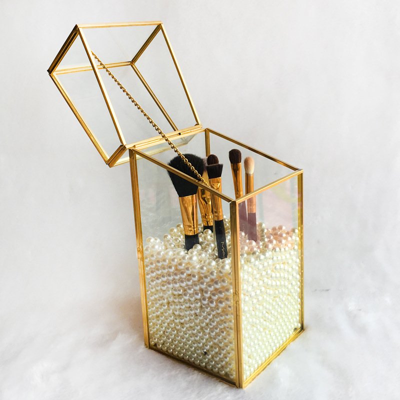 Hexagonal Brass Glass Makeup Tools Box With Gold Plated Finishing Packaging Wedding Decoration Glass Box For Return Gift