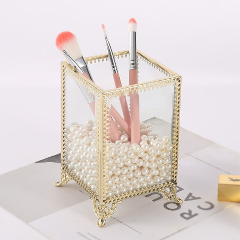 Hexagonal Brass Glass Makeup Tools Box With Gold Plated Finishing Packaging Wedding Decoration Glass Box For Return Gift