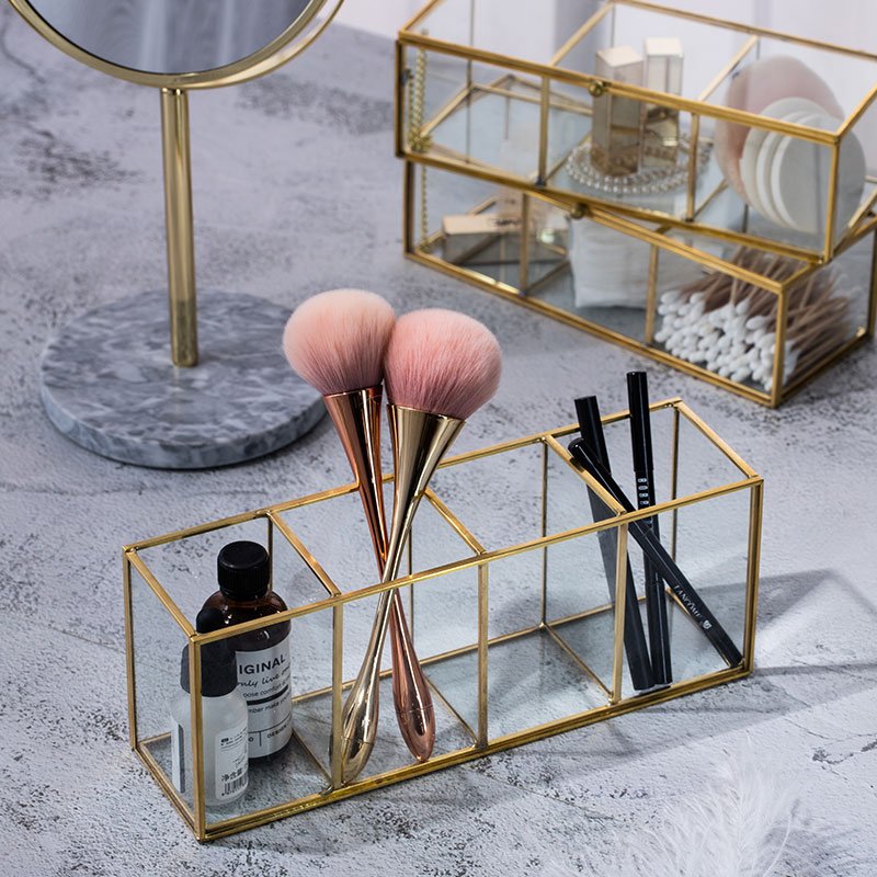Hexagonal Brass Glass Makeup Tools Box With Gold Plated Finishing Packaging Wedding Decoration Glass Box For Return Gift