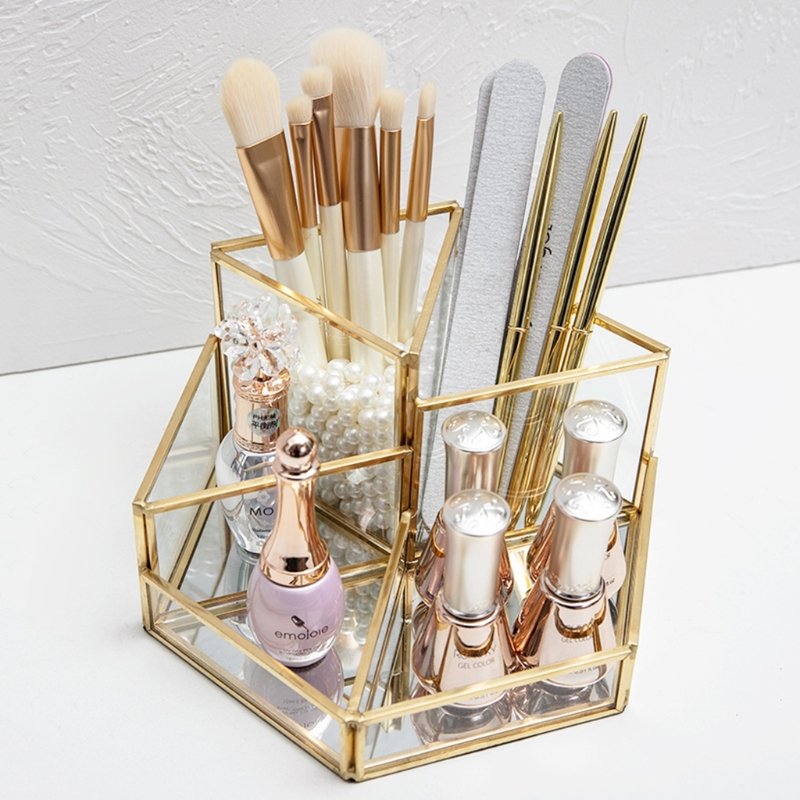 Hexagonal Brass Glass Makeup Tools Box With Gold Plated Finishing Packaging Wedding Decoration Glass Box For Return Gift
