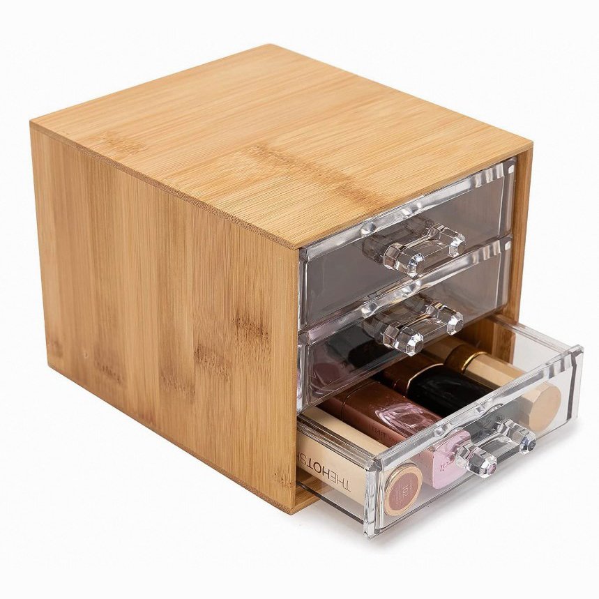 Hot-selling Bamboo Makeup Organizer pretty Storage Boxes For Girls cosmetics Storage Box Drawer