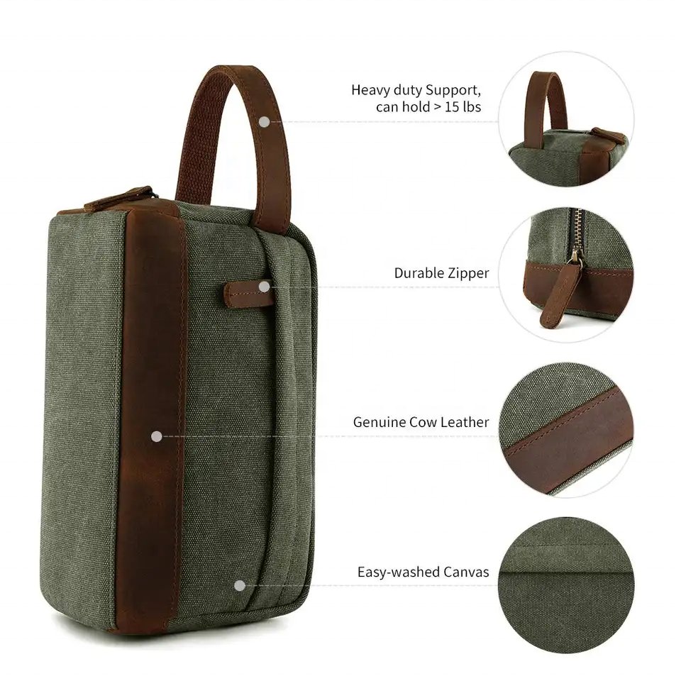 Toiletry Kit Pouch Customized Oem Travel Cotton Canvas Makeup Wash Bag Mens Grooming Bag