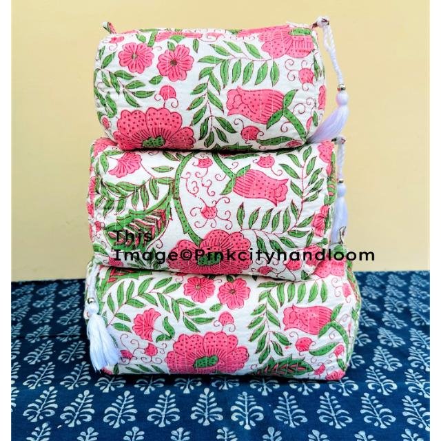 Hand Block Printed Cosmetic Pouch Set Of 3 Pcs Toiletry Bags Women Shopping Shoulder Bag Pure Cotton Quilted Hand Pouches