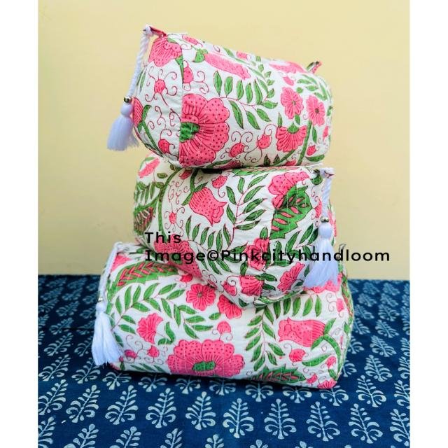 Hand Block Printed Cosmetic Pouch Set Of 3 Pcs Toiletry Bags Women Shopping Shoulder Bag Pure Cotton Quilted Hand Pouches