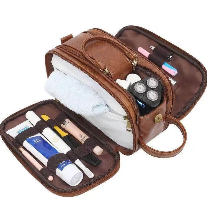 2024 Logo Personalized Simple Design Men Black PU Leather Waterproof Makeup Organizer Custom Toiletry Bag With Zipper For Travel