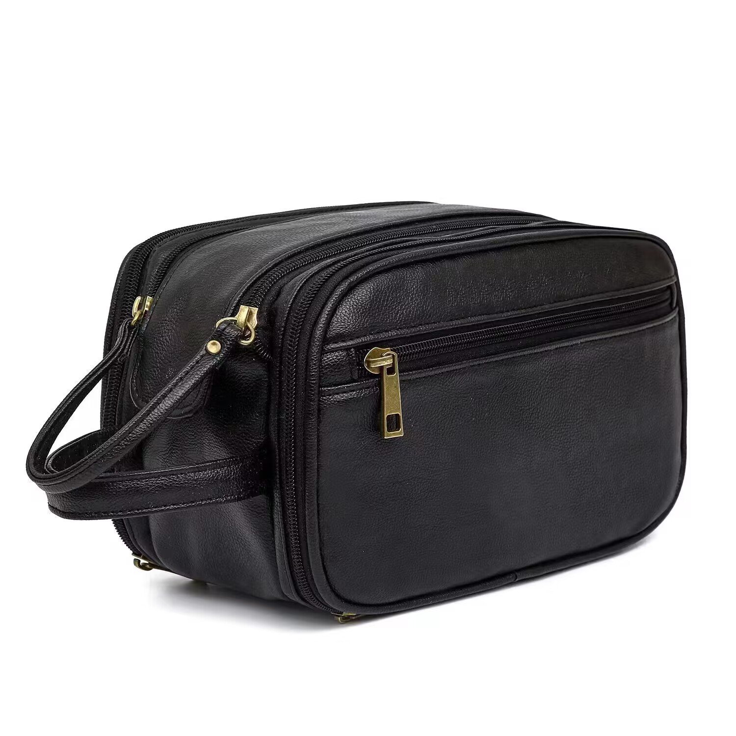 2024 Logo Personalized Simple Design Men Black PU Leather Waterproof Makeup Organizer Custom Toiletry Bag With Zipper For Travel
