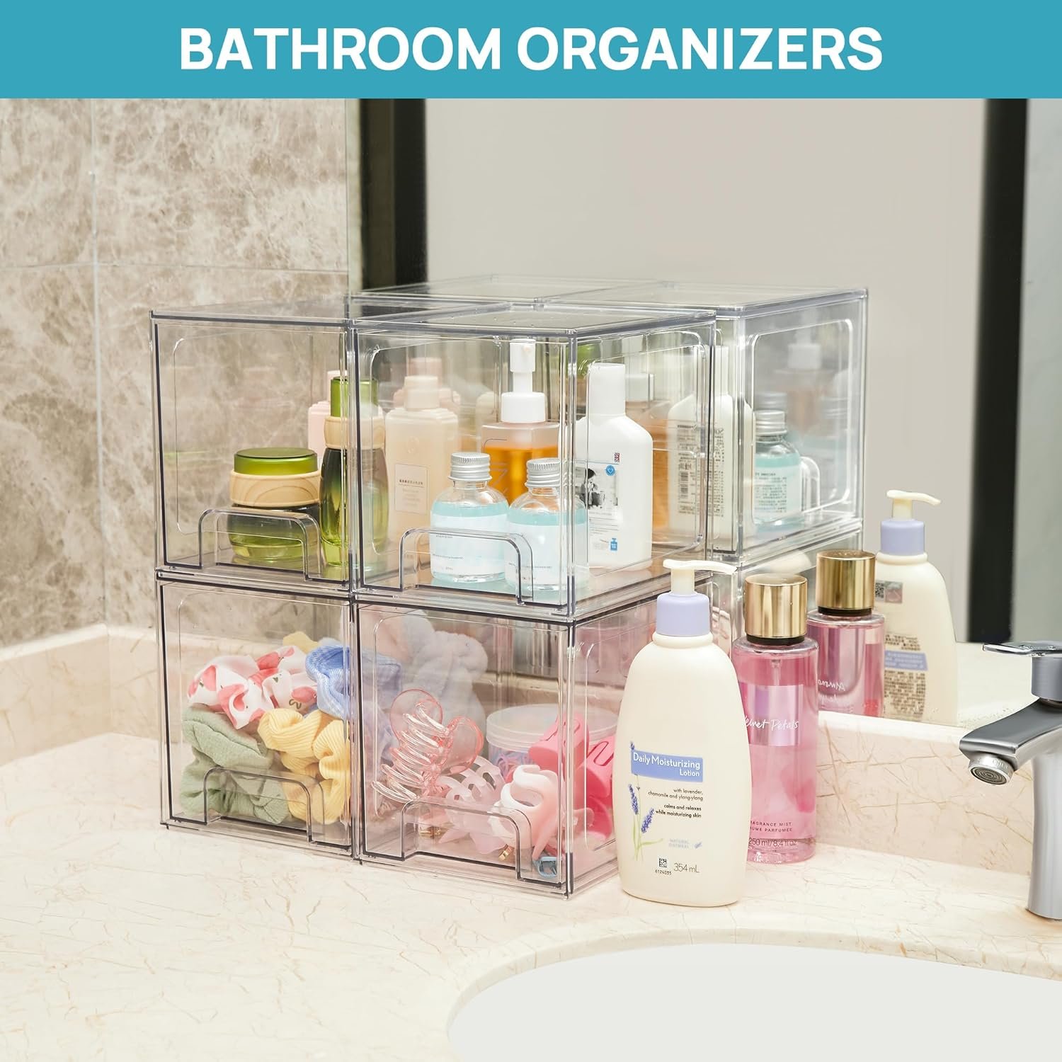 4 Pack Stackable Storage Drawers,Acrylic Bathroom Makeup Organizers,Clear Plastic Storage Bins,Pantry Organization and Storage