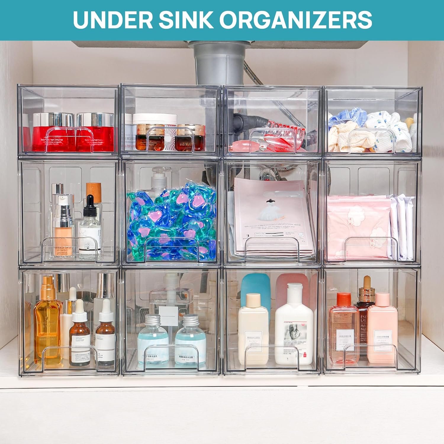 4 Pack Stackable Storage Drawers,Acrylic Bathroom Makeup Organizers,Clear Plastic Storage Bins,Pantry Organization and Storage