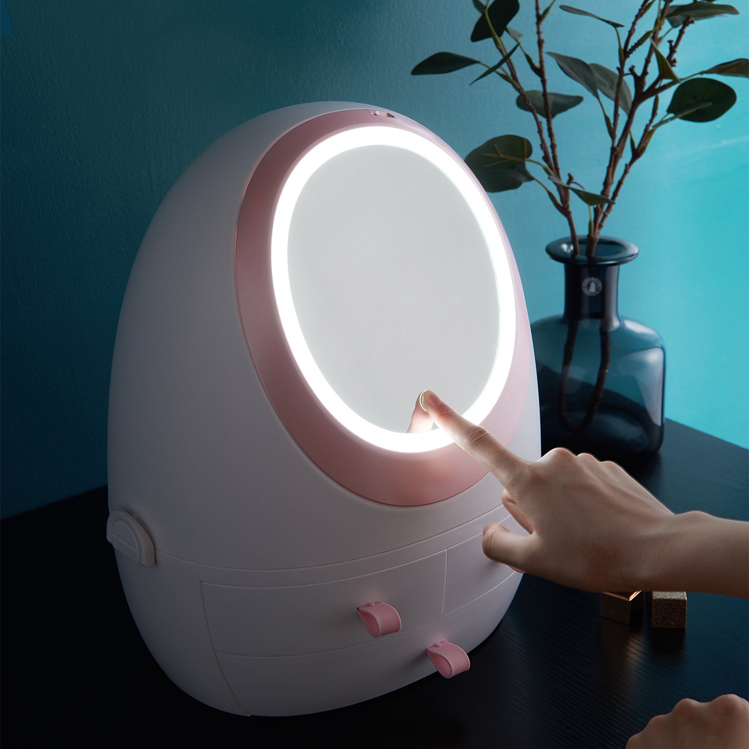 plastic desktop USB LED Makeup Cosmetic Storage Case Jewelry Make up Beauty drawer vanity Organizer Box with Mirror Light