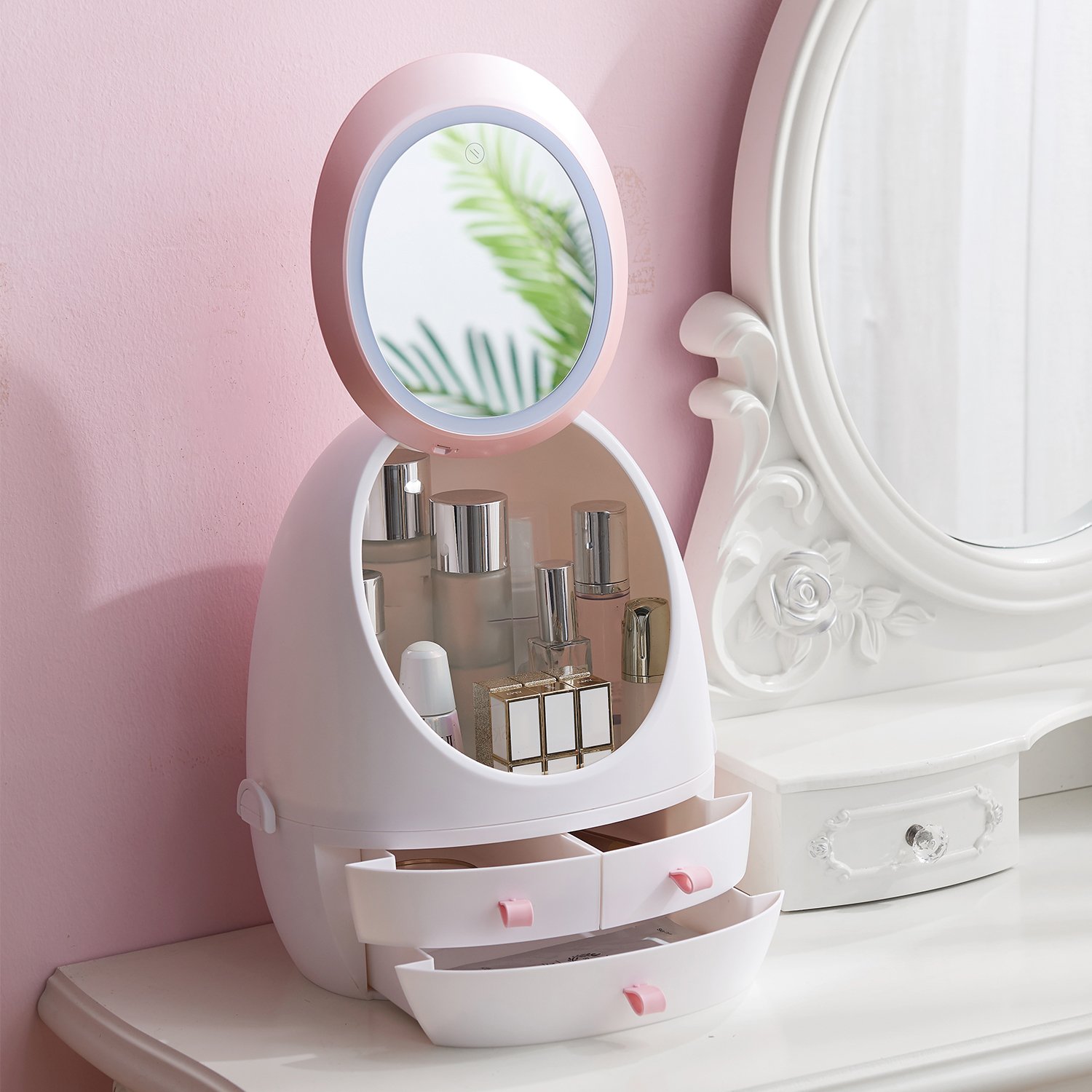 plastic desktop USB LED Makeup Cosmetic Storage Case Jewelry Make up Beauty drawer vanity Organizer Box with Mirror Light