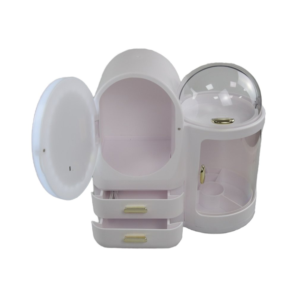New Style Rechargeable Cosmetic Storage With Plastic Rotating Feature Bright Light Mirror And Drawer Makeup Organizer