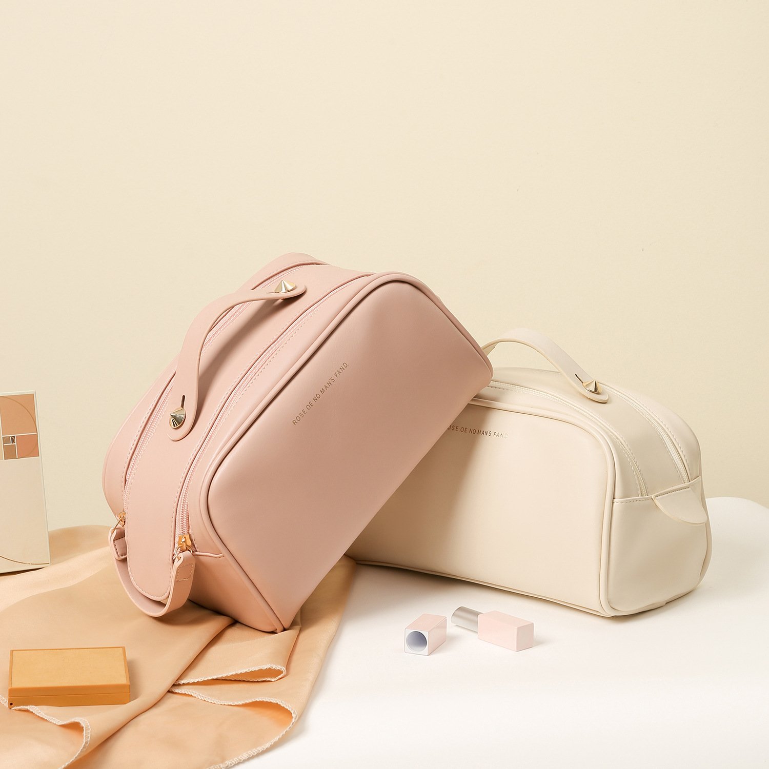 wholesales luxury leather PU double zipper pillow makeup bag portable toiletries bag travel cosmetic storage bag with logo