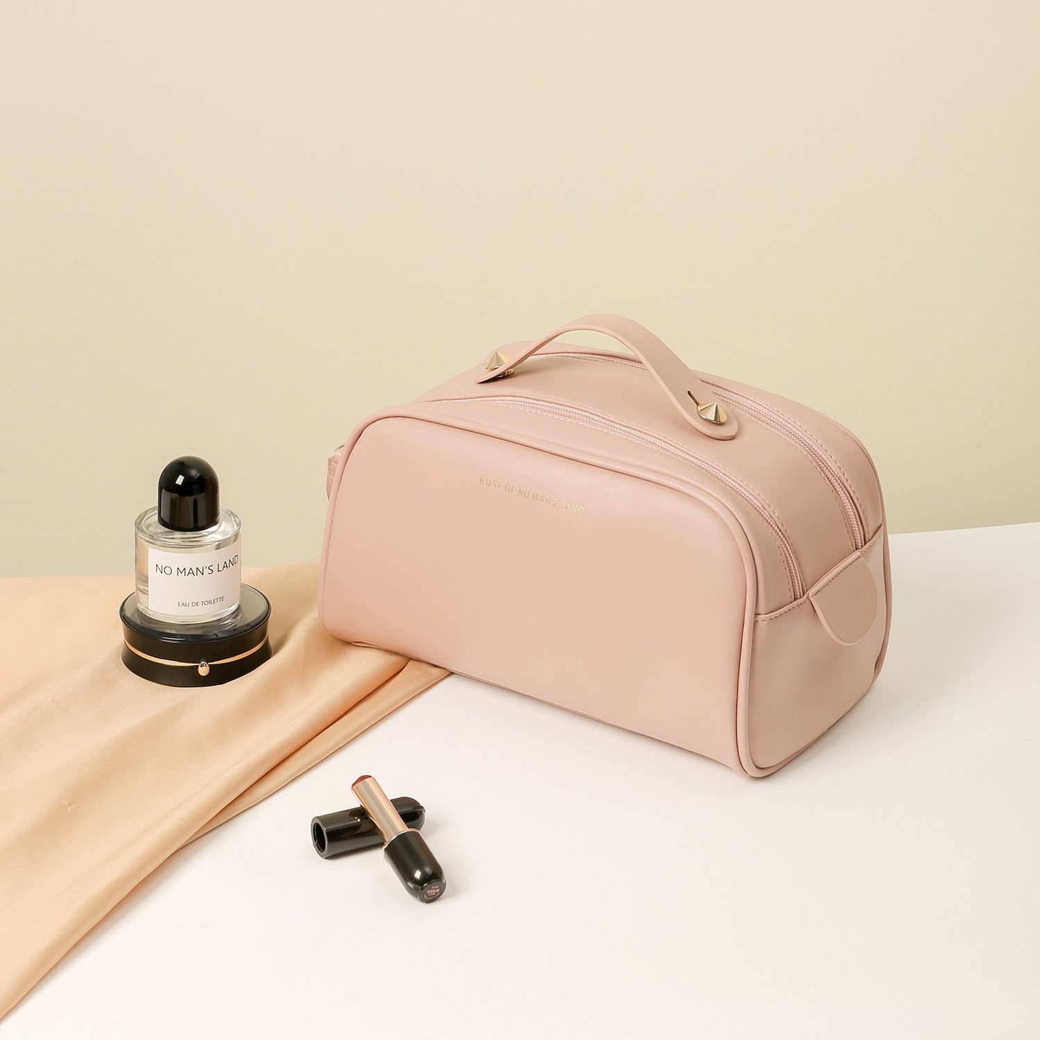 wholesales luxury leather PU double zipper pillow makeup bag portable toiletries bag travel cosmetic storage bag with logo