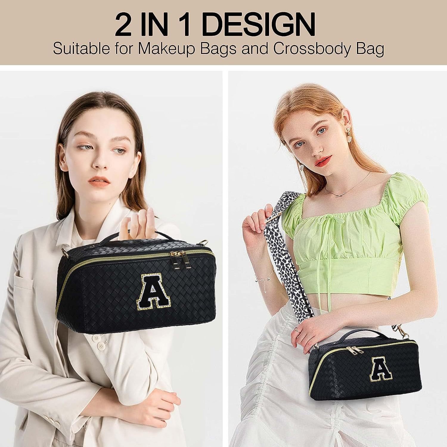 Custom Luxury Makeup Bag Letter patch woven embossed 2 in 1 design crossbody and travel cosmetic bag with strap