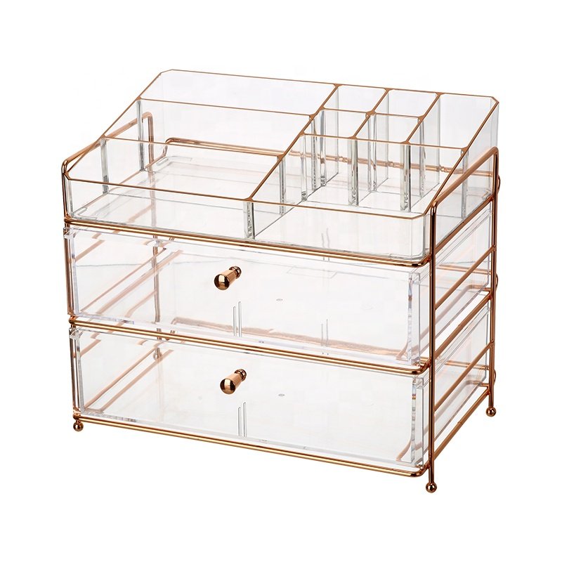 New design desktop rose gold metal wire rack cosmetic storage box acrylic makeup organizer set with rose gold trim