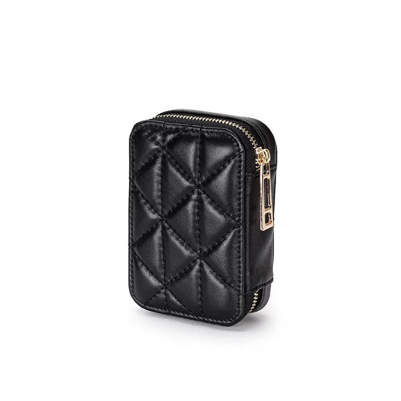 Cosmetic Bags Cases for Women Genuine Cow Leather Ladies Elegant Lipstick Case Purse Quilted Pattern with Mirror